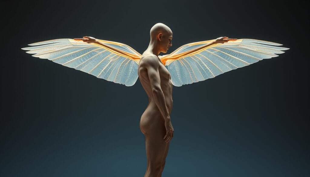 An intricate study of human aerodynamics, showcasing the delicate yet powerful structure of wings on the human form. A lithe figure, taut with muscle, stands in profile, wings outstretched in a graceful arc. The wings, translucent and gossamer-like, catch the gentle light, revealing the intricate vein-like patterns that govern their shape and flexibility. The background is a muted, scientific palette of grays and blues, evoking the laboratory-like setting where such curious anatomical wonders are explored. Carefully considered camera angles and precise lighting bring out the nuances of bone, sinew, and feather, allowing the viewer to appreciate the inherent challenges of human-powered flight.