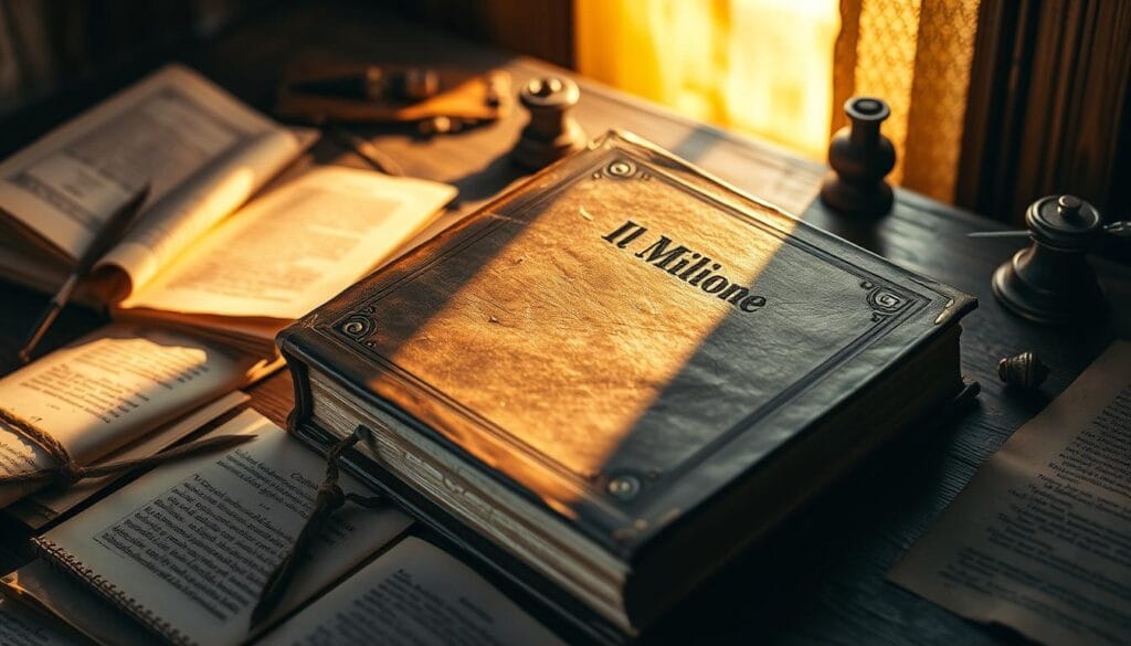 An ornate leather-bound book titled "Il Milione" resting on an aged wooden table, with a shaft of warm golden light illuminating the weathered cover and pages. Surrounding the book are scattered parchment manuscripts, quill pens, and inkwells, evoking the legacy of Marco Polo's historic travelogue and the scholarly debate it has inspired. The scene is suffused with a sense of reverence and intellectual contemplation, reflecting the rich literary and historical significance of this influential work. An ornate leather-bound book titled "Il Milione" resting on an aged wooden table, with a shaft of warm golden light illuminating the weathered cover and pages. Surrounding the book are scattered parchment manuscripts, quill pens, and inkwells, evoking the legacy of Marco Polo's historic travelogue and the scholarly debate it has inspired. The scene is suffused with a sense of reverence and intellectual contemplation, reflecting the rich literary and historical significance of this influential work.