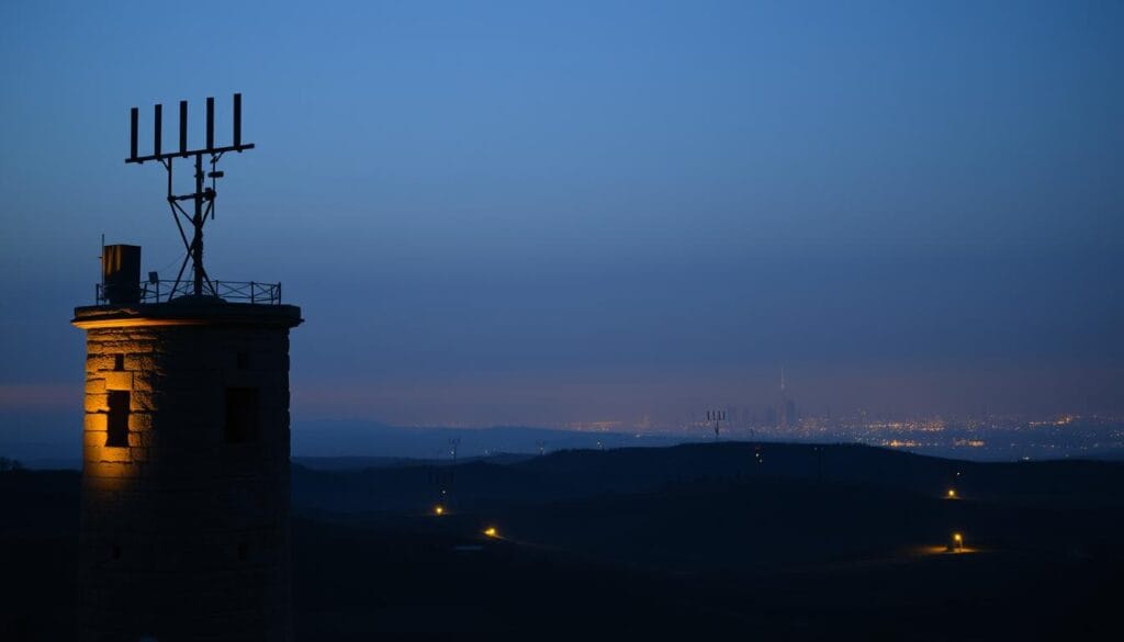 Ancient communication signals: A dimly lit stone tower stands in the foreground, its weathered facade illuminated by a warm, golden glow. Atop the tower, a series of semaphore arms extend, poised to transmit messages across a distant landscape. In the middle ground, rolling hills stretch out, dotted with smaller signal towers, their flashing lights and flags visible in the twilight. The background is hazy, with a faint silhouette of a city skyline on the horizon, a testament to the network of communication that once spanned the region. The scene conveys a sense of history, technology, and the steady exchange of information across vast distances, all before the advent of modern telecommunications.