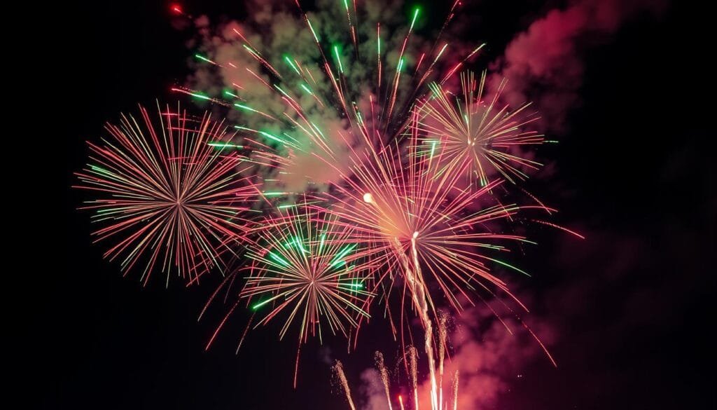 Brilliant aerial display of metallic pyrotechnics bursting across a vibrant night sky. Dramatic plumes of vivid color explosions - reds, greens, blues, and golds - illuminating the darkness with a symphony of light and sound. Sparkling trails cascade downward, glittering and shimmering as they fade. Powerful, technical fireworks engineered with precision chemistry to create this dazzling celestial spectacle. Dramatic angles capture the scope and scale, showcasing the artistic mastery behind the creation of these mesmerizing color displays in the night.