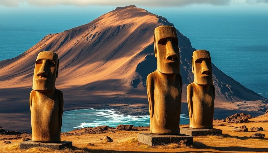 Cantera Rano Raraku, a rugged volcanic crater on the remote Easter Island. In the foreground, towering moai statues stand tall, their weathered stone faces gazing out over the barren landscape. Midground, the steep, craggy slopes of the crater rise up, casting dramatic shadows across the scene. In the background, the vast Pacific Ocean stretches to the horizon, its azure waves lapping against the island's rocky shores. Warm, directional lighting illuminates the moai, casting dramatic shadows and highlights across their intricate details. A sense of ancient, mystical power permeates the entire composition, hinting at the unsolved mysteries of how these colossal figures were carved and transported without modern technology. Cantera Rano Raraku, a rugged volcanic crater on the remote Easter Island. In the foreground, towering moai statues stand tall, their weathered stone faces gazing out over the barren landscape. Midground, the steep, craggy slopes of the crater rise up, casting dramatic shadows across the scene. In the background, the vast Pacific Ocean stretches to the horizon, its azure waves lapping against the island's rocky shores. Warm, directional lighting illuminates the moai, casting dramatic shadows and highlights across their intricate details. A sense of ancient, mystical power permeates the entire composition, hinting at the unsolved mysteries of how these colossal figures were carved and transported without modern technology.