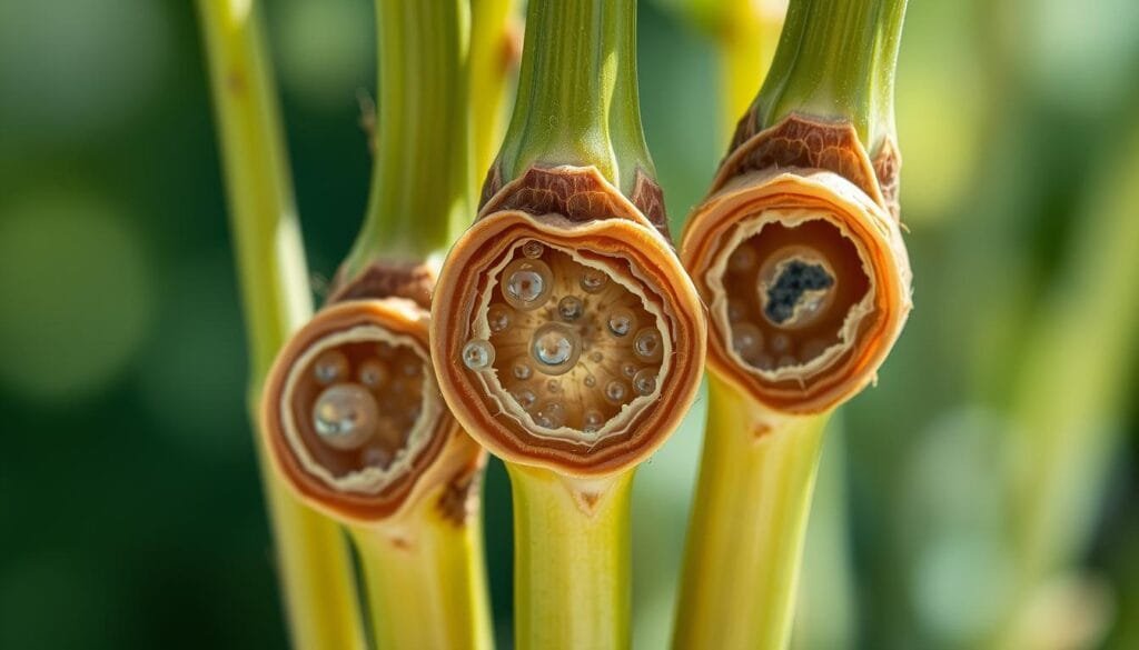 Close-up view of plant stems undergoing cavitation, with detailed cross-sections revealing the intricate xylem structures and air bubbles forming within. The scene is captured under bright, natural lighting, showcasing the delicate textures and subtle shades of green, brown, and tan. The image is focused on the central stems, with a slight depth of field blur in the background, creating a sense of scientific observation and investigation. The overall mood is one of intricate biological processes, hinting at the hidden mechanisms that could produce audible sounds when the plants are damaged.