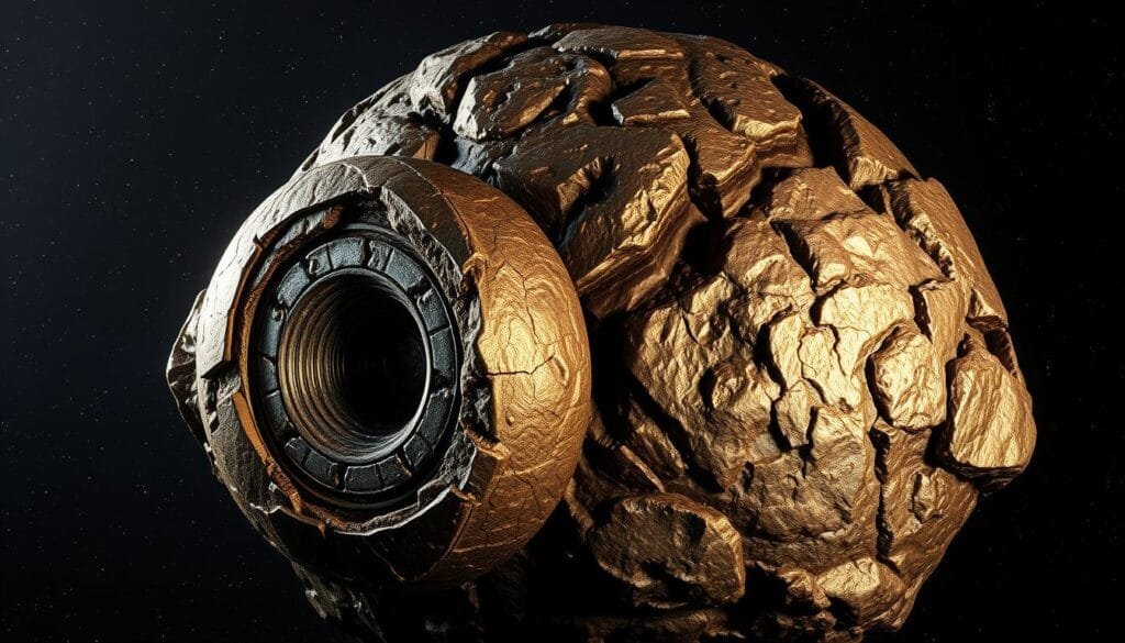Composición asteroide: a detailed, highly realistic 8K digital art painting depicting the internal structure and composition of a large metallic asteroid. The foreground features a cross-section view showcasing the asteroid's layered geological strata, including a dense metallic core, a crystalline mantle, and a rugged outer crust. The middle ground highlights the asteroid's irregular, cratered surface textures and shimmering metallic hues, ranging from gleaming gold to burnished copper. The background subtly suggests the vast, starry void of deep space, providing a sense of scale and isolation. Masterful use of chiaroscuro lighting accentuates the asteroid's 3D form and internal details. Rendered with exacting scientific accuracy and a captivating sense of visual wonder.