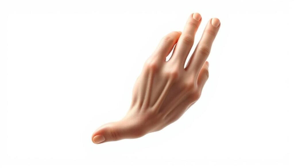 Detailed anatomical illustration of a human hand with limited functional ability of the thumb. Realistic, high-resolution, scientific rendering. Thumb appears shortened, restricted in movement, and unable to properly oppose the other fingers. The hand is positioned in a neutral pose, capturing the impaired dexterity and grip strength. Muted, desaturated color palette emphasizes the functional limitations. Bright, directional lighting from the side casts subtle shadows to accentuate the thumb's abnormal structure. Clean white background allows the hand to be the sole focus of the image. Detailed anatomical illustration of a human hand with limited functional ability of the thumb. Realistic, high-resolution, scientific rendering. Thumb appears shortened, restricted in movement, and unable to properly oppose the other fingers. The hand is positioned in a neutral pose, capturing the impaired dexterity and grip strength. Muted, desaturated color palette emphasizes the functional limitations. Bright, directional lighting from the side casts subtle shadows to accentuate the thumb's abnormal structure. Clean white background allows the hand to be the sole focus of the image.