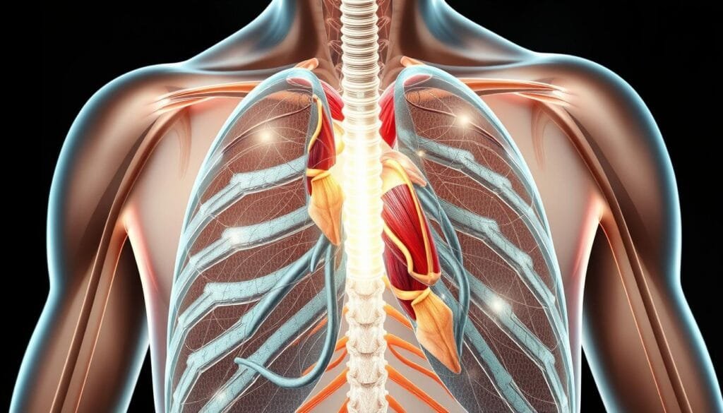 Detailed anatomical illustration of the diaphragmatic spasm mechanism. Precisely rendered cross-section view of the human thoracic cavity, highlighting the diaphragm muscle contracting in a spasmodic motion. Accurate depiction of the neural pathways and muscle fiber structures involved in the involuntary diaphragmatic contractions that cause hiccups. Soft, muted color palette with subtle highlights to emphasize the underlying anatomical complexity. Crisp, high-resolution imagery captured through a macro lens, allowing for intricate visualization of the diaphragmatic spasm process.