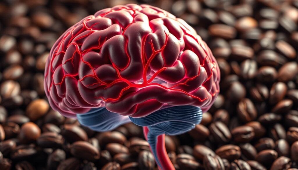 Detailed anatomical illustration of the human brain with vibrant red blood vessels transporting oxygenated blood, set against a background of rich, dark cocoa beans and nibs. Crisp, high-contrast lighting illuminates the intricate cerebral vascular network, showcasing its impact on cognitive function. The composition emphasizes the connection between the brain's circulatory system and the potential benefits of cacao consumption, creating a visually striking representation of the topic. Rendered in a realistic, scientific style using a wide depth of field to draw the viewer's attention to the key elements.