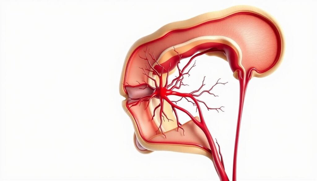 Detailed anatomical illustration of the palatal blood vessels, showcasing the intricate network of capillaries, arteries, and veins within the oral cavity. Rendered in a realistic, high-contrast style using a warm, natural color palette. The composition emphasizes the layered structure, with the surface epithelium, submucosa, and underlying muscular tissue clearly visible. Crisp, sharp focus throughout, with a shallow depth of field to draw the viewer's attention to the central vascular structures. Dramatic lighting from the side, casting long shadows and emphasizing the three-dimensional form. Presented against a clean, minimalist background to isolate the subject and create a sense of clinical precision.