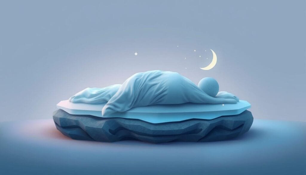 Detailed and vivid illustration of the sleep cycle stages. A serene, dreamlike atmosphere with soft lighting and muted colors. Layers depicting the progression from light sleep to deep REM, with subtle visual cues representing the distinct phases. A clean, minimalist composition that focuses on the biological processes without distractions. Rendered with a photorealistic aesthetic and a sense of depth and dimensionality. The overall image should educate and enlighten the viewer about the complex mechanisms of the sleeping mind.