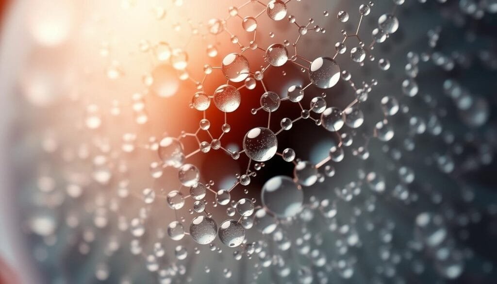 Detailed chemical composition of tears, depicting the intricate molecular structure and essential components. A close-up, macro view showcasing the complex organic compounds and electrolytes that make up the tear fluid. Render in a clean, scientific illustration style with a neutral color palette, minimal distractions, and a sense of clarity and precision. Subtle lighting to accentuate the delicate details and textures. Convey the essence of the biochemical mechanisms behind tear production across different species, including reptiles, birds, and humans.
