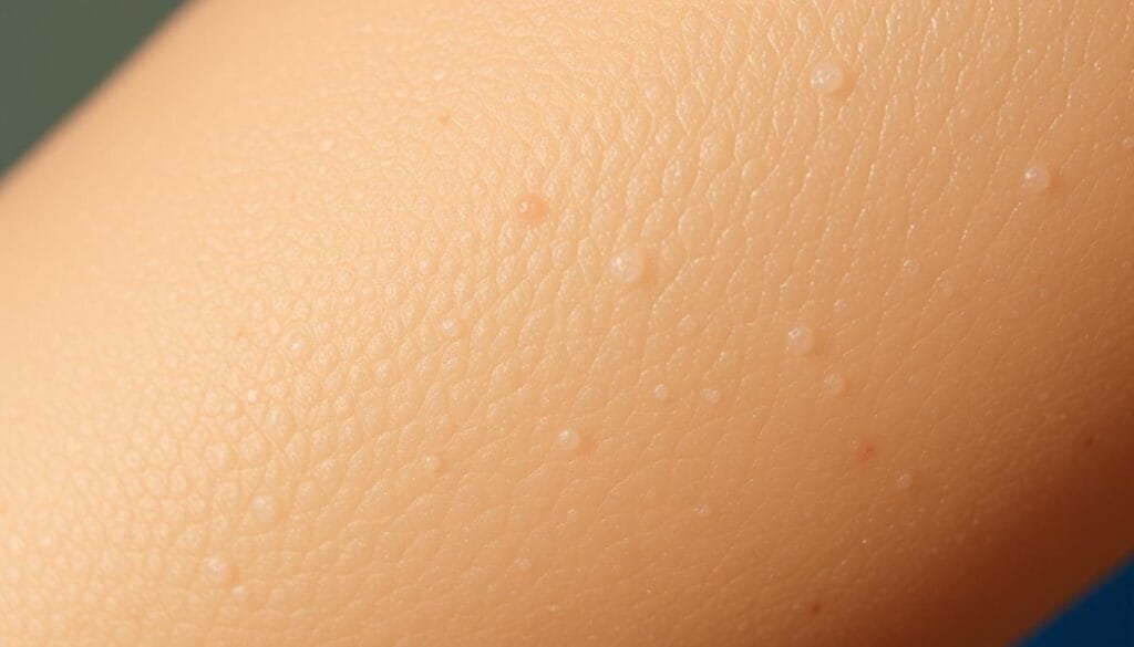 Detailed close-up of keratosis pilaris, a common, harmless skin condition characterized by rough, bumpy skin texture with small, plugged hair follicles, primarily on the upper arms, thighs, and cheeks. The image should depict the distinctive rough, sandpaper-like appearance of the affected skin, with a focus on the individual follicular plugs. Lighting should be natural, slightly diffused to capture fine textural details. The angle should be direct, showcasing the condition in a clinical, diagnostic manner to illustrate the visual characteristics of keratosis pilaris, as opposed to a glamour or artistic shot.