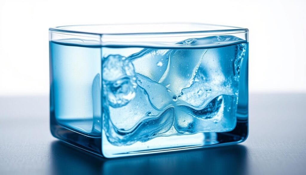 Detailed cross-section depicting the changes in water density as it freezes, showcasing the unique expansion phenomenon. A crystal-clear glass container filled with water, the liquid gradually transitioning from its natural state to a delicate, translucent ice formation. Subtle blue hues accentuate the transformation, while gentle lighting from the side casts soft shadows, highlighting the intricate patterns emerging within the frozen structure. The composition emphasizes the scientific elegance of this natural marvel, inviting the viewer to appreciate the wonders of H2O in its solid state.