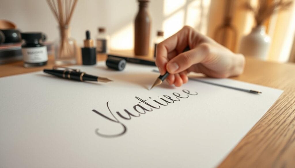 Detailed cursive handwriting technique demonstration. Foreground shows an elegant hand gracefully forming flowing cursive letters on a light-colored paper surface. Middle ground features various writing instruments like fountain pens, calligraphic nibs, and ink bottles. Background depicts a tranquil studio setting with warm natural lighting and minimalist decor, creating a serene, focused atmosphere for the creative process. Emphasis on the beauty and precision of cursive penmanship as a means of self-expression and personal style.