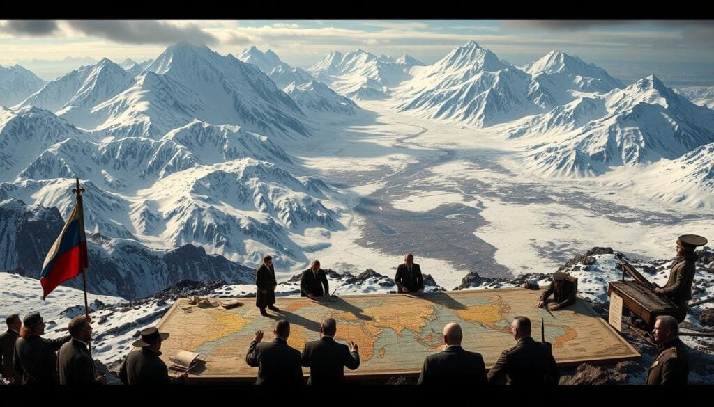 Detailed geopolitical landscape of the 19th century, showcasing the strategic positioning of global powers. Sweeping panoramic view of a rugged, snow-capped terrain, with towering mountain ranges and vast, frozen landscapes. In the foreground, a group of diplomats and military leaders engaged in intense discussions, surrounded by an array of historical maps, charts, and documents. Subtle hints of the Russian Empire and the expansionist policies of the United States, creating an atmosphere of tension and high-stakes negotiations. Dramatic lighting, casting long shadows and highlighting the gravity of the decisions being made. A cinematic, almost theatrical composition that captures the essence of the pivotal geopolitical factors at play during this era.