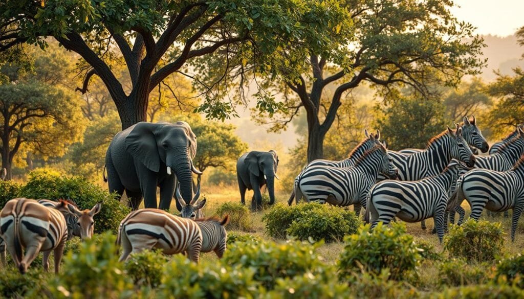 Detailed scene of various herbivorous animals engaged in distinct behavioral adaptations. In the foreground, a herd of gazelles graze on lush vegetation, their keen senses alert for potential threats. In the middle ground, a family of elephants use their trunks to strip leaves from towering trees, exhibiting their signature feeding strategy. In the background, a pack of zebras move in a synchronized pattern, their bold stripes serving as camouflage and deterrence against predators. Soft, warm lighting filters through the verdant canopy, creating a serene, naturalistic atmosphere. High-resolution, cinematic composition with a wide depth of field to capture the diverse herbivore behaviors.