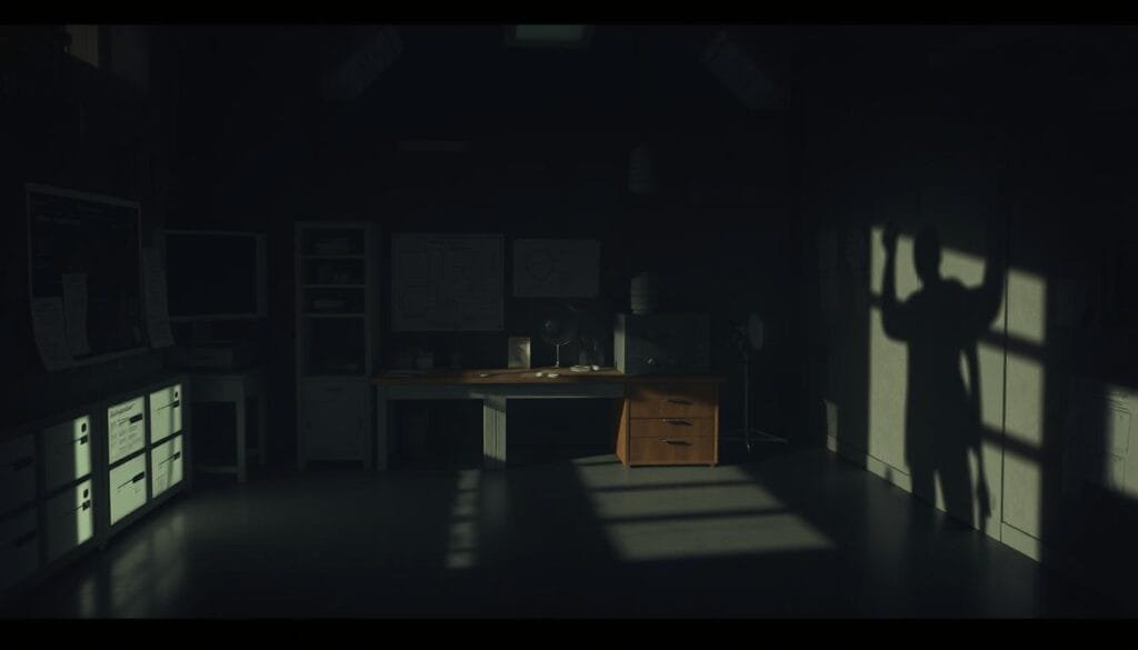 Detailed scientific explanations of the nature of shadows, depicted with dramatic lighting and a sense of mystery. A softly lit foreground showcases the core phenomenon, with shadows casting across a dimly lit laboratory setting. The middle ground features technical equipment, diagrams, and notes, hinting at the deeper scientific exploration. The background subtly suggests the broader context, with the shadows seeming to take on a life of their own, as if challenging our understanding. Photorealistic rendering with a moody, atmospheric tone that evokes the unsettling premise of the article.