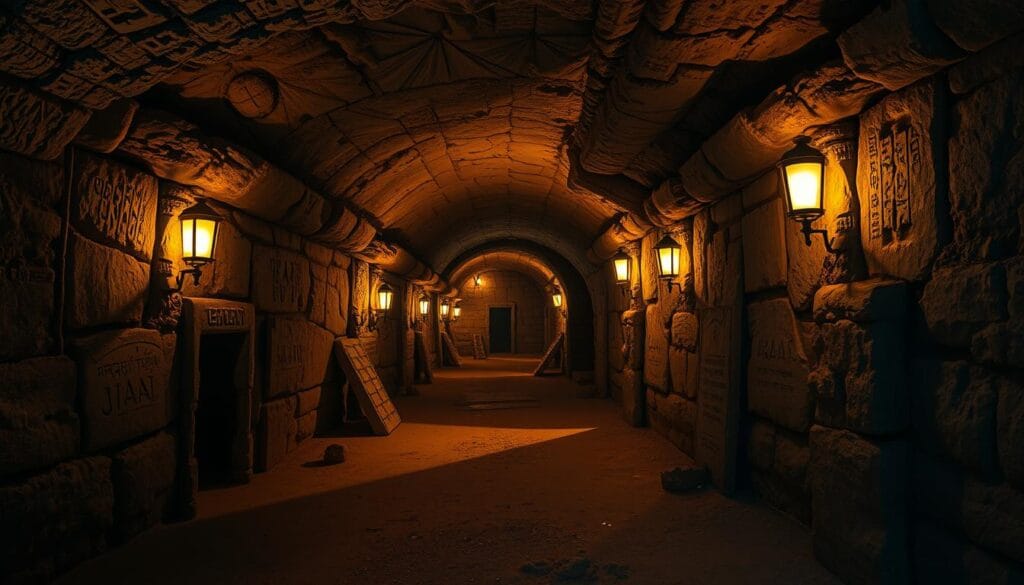 Detailed underground archaeological tunnels, dimly lit by warm lanterns, revealing ancient stone structures and artifacts. Rough-hewn walls lined with inscriptions and carvings, casting long shadows in the soft light. Narrow passageways leading deeper into the earth, hinting at forgotten civilizations and lost mysteries. A sense of discovery and exploration, as if the viewer is embarking on an expedition through this subterranean labyrinth. Realistic textures, muted tones, and a somber, reverent atmosphere to capture the historic significance of the scene.