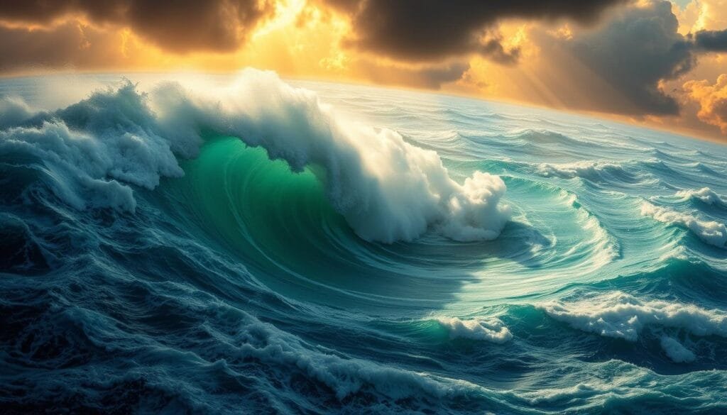Dramatic equatorial ocean currents swirling towards the poles, creating vast, towering waves that crash against shifting coastlines. Vibrant hues of turquoise and azure blend with foaming white-caps, as the Earth's rotation slows to a crawl. Dramatic clouds loom overhead, casting long shadows over the turbulent seas. Beams of warm, golden light pierce through the atmospheric disturbance, illuminating the chaotic oceanic redistribution. Distant landmasses become submerged, as the delicate balance of global sea levels is disrupted. An ominous, yet awe-inspiring scene of a world in flux, as the planet's foundations are shaken.