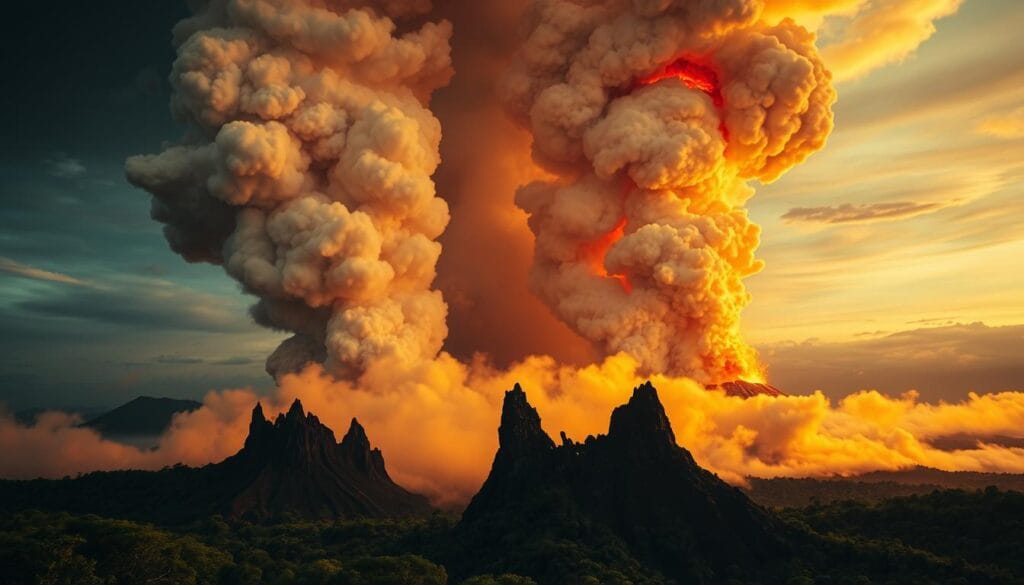 Dramatic volcanic eruptions in the equatorial region, with towering plumes of ash and lava spewing forth against a vibrant, saturated sky. Massive columns of smoke and fire billow upwards, casting an ominous glow over the lush, verdant landscape below. In the foreground, jagged, blackened rock formations protrude from the earth, surrounded by swirling clouds of ash. The scene is lit by warm, golden-orange lighting, creating a sense of intense heat and energy. The overall atmosphere is one of raw, primal power and the unstoppable forces of nature at work. Captured with a cinematic, wide-angle lens to convey the scale and grandeur of this volcanic event.