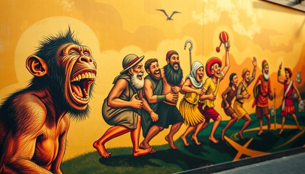Evolución de la risa: a dynamic mural depicting the progression of human laughter, from its primal origins to its modern expressions. In the foreground, a primitive hominid chuckles, their mouth agape in a broad, infectious grin. The middle ground showcases the gradual development of laughter, with various historical figures - from ancient philosophers to medieval jesters - engaged in hearty, belly-shaking bursts of mirth. The background blends into a vibrant, abstract landscape, where laughter takes on new forms, morphing and evolving in a kaleidoscope of playful, joyful gestures. Warm, diffused lighting casts a golden glow, creating a sense of timelessness and the universal, enduring nature of this quintessentially human expression.