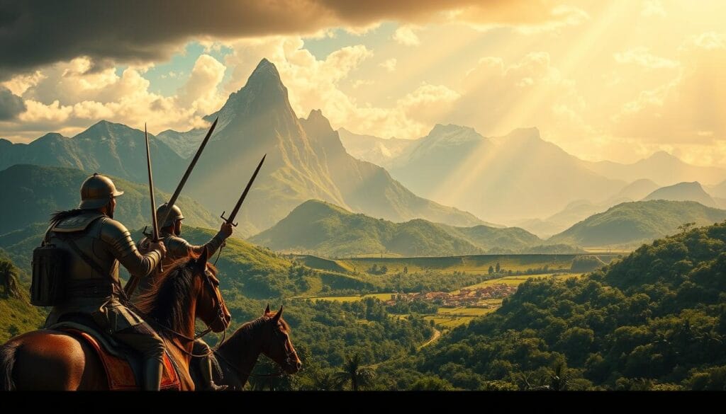 Expeditions of the Spanish conquistadors unfold across a lush, verdant landscape. In the foreground, armored soldiers on horseback brandish swords and muskets, their faces set with determination. Towering mountains rise in the distance, their peaks capped with snow. Rays of golden sunlight filter through wispy clouds, casting a warm, adventurous glow over the scene. Native villages dot the horizon, hinting at the rich cultures and civilizations the conquistadors sought to subjugate. The air is thick with the anticipation of conquest, a sense of the historic events that would forever transform the region.