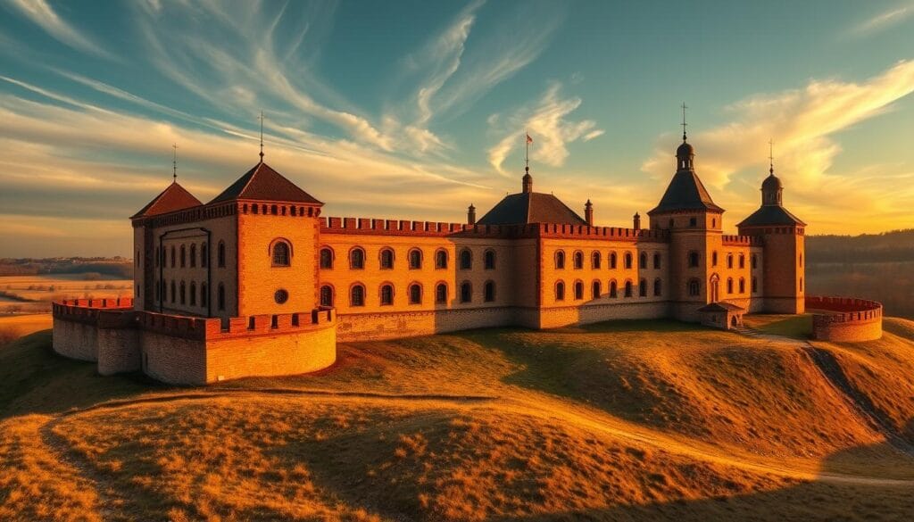 Fortaleza Osowiec, a strategic Russian stronghold nestled amidst the rolling hills of the Biebrza River basin. Majestic brick walls and sturdy fortifications stand guard, their weathered facades bathed in the golden glow of the setting sun. Intricate architectural details, from arched windows to ornate spires, lend an air of timeless grandeur to this imposing structure. The scene is imbued with a sense of history and resilience, as if the very stones have witnessed the ebb and flow of past conflicts. Wispy clouds drift overhead, casting dynamic shadows that dance across the rugged terrain, adding depth and drama to the captivating tableau. This is Osowiec, a strategic marvel that has withstood the test of time and now stands as a testament to the enduring spirit of those who have defended its hallowed ground.