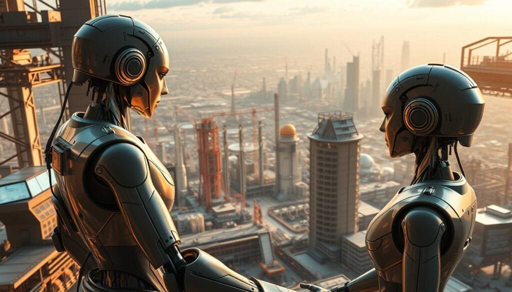 Inteligencia artificial oportunidades: a futuristic landscape of gleaming robotic forms and automated factories, bathed in a warm, golden light. In the foreground, sleek, humanoid androids work alongside humans, their movements graceful and efficient. In the middle ground, towering industrial complexes and advanced machinery hint at the transformative power of automation. The background is a panoramic vista of a thriving, technology-driven metropolis, with soaring skyscrapers and a vibrant, bustling energy. The overall atmosphere conveys a sense of progress, innovation, and the boundless potential of artificial intelligence to reshape the world of work.