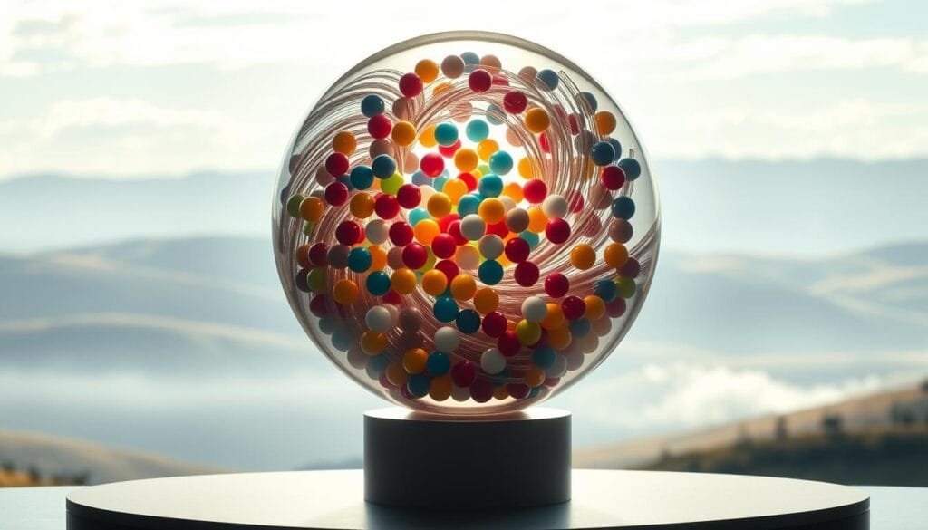 Intricate and inclusive random process, a visual metaphor for democratic selection. Transparent glass orb in the center, containing a swirling array of colored spheres - each representing a potential candidate. Soft, diffused lighting from above illuminates the scene, casting subtle shadows. The orb hovers atop a sleek, minimalist pedestal, creating a sense of balance and harmony. In the background, a serene landscape with rolling hills and a tranquil sky, symbolizing the natural order from which this process emerges. The overall atmosphere is one of contemplation, fairness, and quiet confidence in the randomness that defines this innovative system of governance.