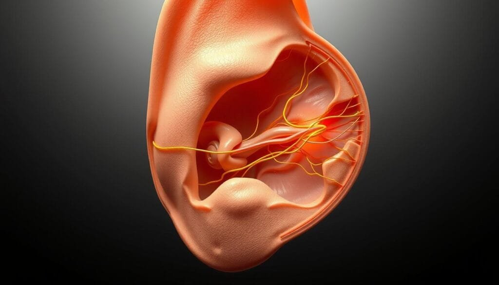 Intricate cross-section of the inner ear, showcasing the vestibular system and its components. Detailed anatomy of the cochlea, semi-circular canals, and otolith organs, rendered in a lifelike, highly realistic style. Soft, muted lighting illuminates the delicate structures, highlighting their intricate geometry and intricate neural pathways. Rendered from an angle that emphasizes the three-dimensional depth and spatial relationships between the various elements, creating a visually captivating and informative illustration suitable for medical and educational applications. Intricate cross-section of the inner ear, showcasing the vestibular system and its components. Detailed anatomy of the cochlea, semi-circular canals, and otolith organs, rendered in a lifelike, highly realistic style. Soft, muted lighting illuminates the delicate structures, highlighting their intricate geometry and intricate neural pathways. Rendered from an angle that emphasizes the three-dimensional depth and spatial relationships between the various elements, creating a visually captivating and informative illustration suitable for medical and educational applications.