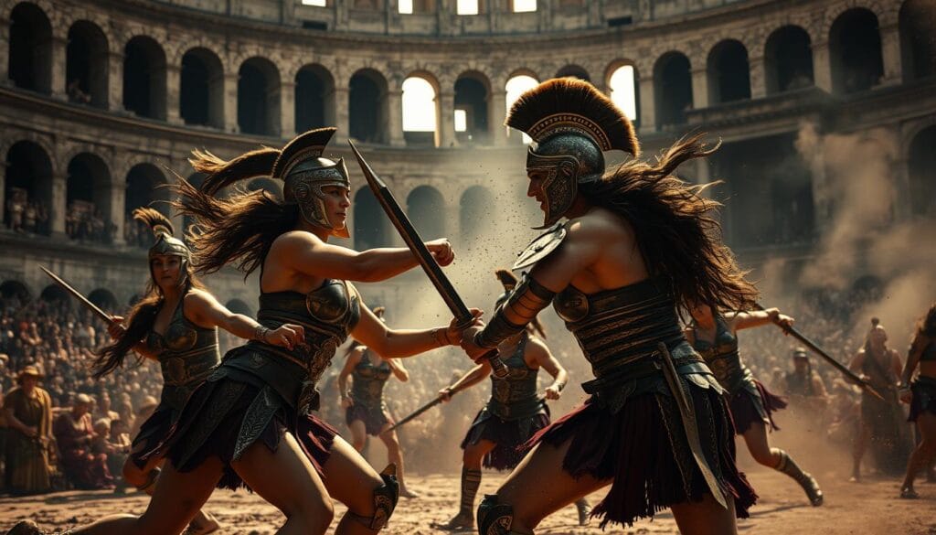 Intricate scene of female gladiators engaged in historic combat, depicted with dramatic lighting and cinematic angles. Muscular figures in ornate armor clash amidst a grand Roman colosseum, surrounded by spectators in the shadowy background. Strains of battle cries and the clash of steel echo through the cavernous arena. Swirling smoke and dust create an atmosphere of intensity and grit, as the gladiatrices fight with determination and skill. Capture the raw power and resilience of these forgotten female warriors, their stories etched into the annals of history.