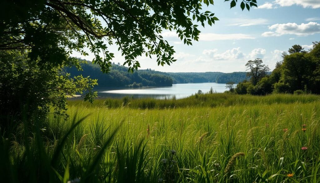 Lush, verdant landscapes devoid of buzzing insects, sunlight filtering through dense foliage. A serene meadow with swaying grasses and wildflowers, no fluttering wings or chirping crickets. In the distance, a tranquil lake reflects the cloudless sky, its surface unrippled by the movements of aquatic life. The scene conveys a sense of eerie silence, nature reclaiming its domain in the absence of the intricate web of insect life. Rendered in a realistic, photographic style with a shallow depth of field, the image evokes a melancholic contemplation of a world without the crucial pollinators and decomposers that sustain the ecological balance.