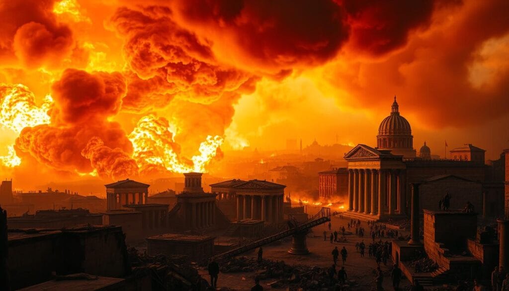 Massive flames engulf ancient Rome, billowing smoke casting an ominous glow across the cityscape. In the foreground, crumbling buildings and panicked citizens flee the inferno, their expressions of terror illuminated by the flickering blaze. Charred columns and collapsing structures litter the middle ground, while in the background, the iconic silhouettes of historic landmarks are barely visible through the hazy, apocalyptic scene. A sense of chaos and destruction pervades the atmosphere, as the uncontrollable fire ravages the once-thriving metropolis. Dramatic lighting and a high-contrast, cinematic tone capture the scale and devastation of this historic event.