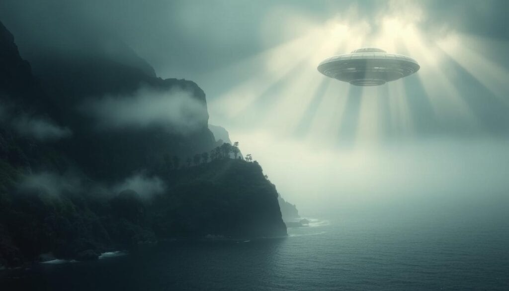 Mysterious Island: A remote, uninhabited archipelago shrouded in mist, its craggy coastline dotted with rugged cliffs and hidden coves. Thick, primordial forests cling to the slopes, concealing ancient secrets. Shafts of ethereal light pierce the gloom, casting an otherworldly glow upon the scene. In the distance, an eerie, unidentified object hovers silently, its silvery form reflecting the surrounding ocean. The air is charged with a sense of the unknown, inviting the viewer to ponder the island's enigmatic nature - is it the lair of an extraterrestrial presence, or merely a product of legend and lore? Capture the essence of this mysterious place, shrouded in myth and mystery.