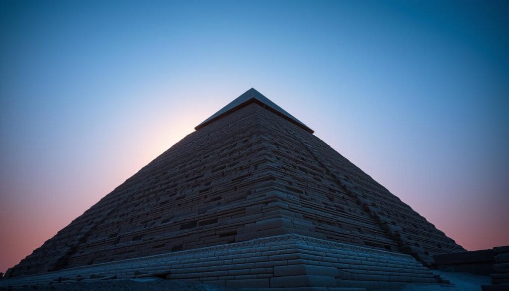 Precisión arquitectónica pirámide de Giza, una imponente estructura de piedra caliza tallada con increíble detalle. Enfocada en un ángulo bajo, la pirámide se eleva imponente, sus caras triangulares perfectamente alineadas hacia el cielo. La luz dorada del atardecer baña la superficie, resaltando cada piedra y arista con una suave iluminación. En el primer plano, sombras alargadas proyectadas crean un efecto dramático, mientras que en el fondo, un cielo despejado y azul enmarca majestuosamente la escena. El resultado es una imagen que captura la arquitectura impresionante y la belleza atemporal de esta antigua estructura, reflejo de la destreza y el ingenio de sus constructores. Precisión arquitectónica pirámide de Giza, una imponente estructura de piedra caliza tallada con increíble detalle. Enfocada en un ángulo bajo, la pirámide se eleva imponente, sus caras triangulares perfectamente alineadas hacia el cielo. La luz dorada del atardecer baña la superficie, resaltando cada piedra y arista con una suave iluminación. En el primer plano, sombras alargadas proyectadas crean un efecto dramático, mientras que en el fondo, un cielo despejado y azul enmarca majestuosamente la escena. El resultado es una imagen que captura la arquitectura impresionante y la belleza atemporal de esta antigua estructura, reflejo de la destreza y el ingenio de sus constructores.