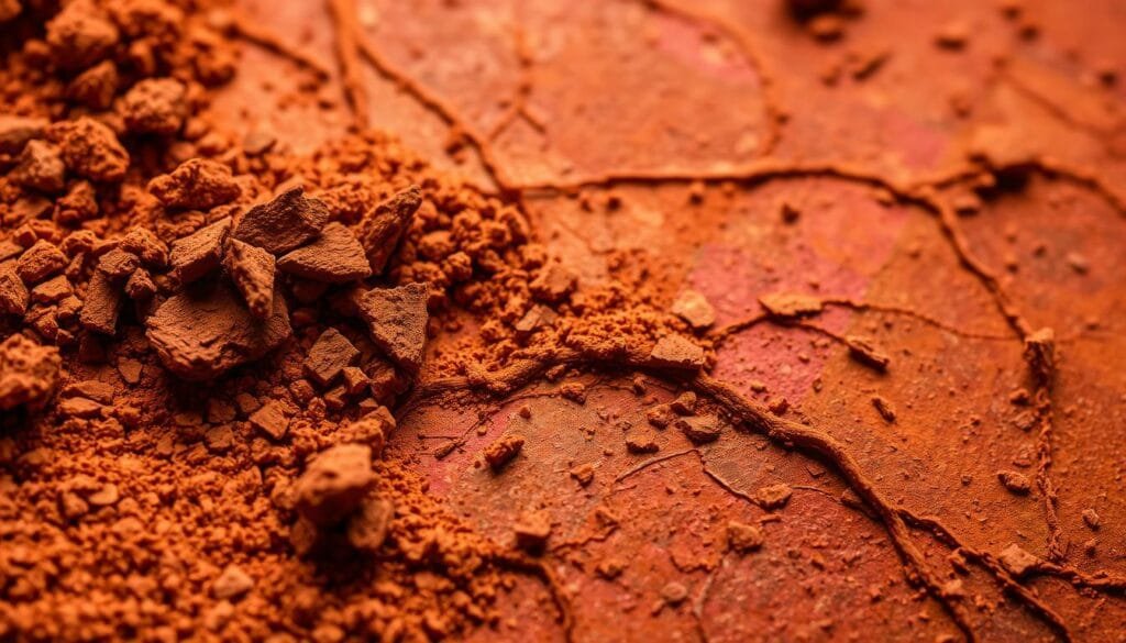 Prehistoric pigments: a vibrant canvas of the ancient world. A close-up view of richly colored ochre, charcoal, and mineral-based paints, meticulously ground and blended by skilled artisans of the past. Warm hues of ochre, sienna, and umber dance across the textured surface, evoking the earthy tones of the natural world. Subtle gradients and layered brushstrokes suggest the careful application of these ancient materials, preserving the essence of their creation. Illuminated by soft, diffused lighting, the pigments appear almost alive, whispering secrets of the prehistoric artistic traditions that birthed them. This detailed, high-resolution image aims to transport the viewer to a time when color was a vital part of the human experience, capturing the vibrant palette of the ancient world.