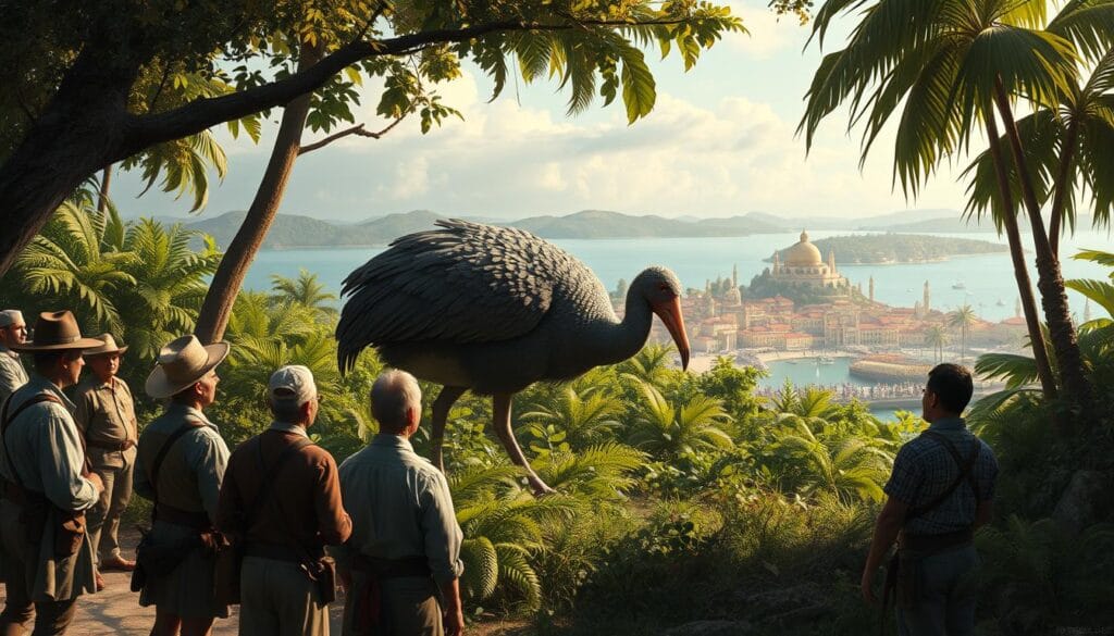Primeval European encounters with the dodo: a detailed scene of the first recorded sightings of the now-extinct flightless bird. In the foreground, naturalists and sailors stand in awe, observing the peculiar creature with a sense of wonder and curiosity. The dodo, with its rotund body and hooked beak, is depicted in the middle ground, grazing peacefully amidst lush, tropical foliage. In the background, a view of a bustling port town or trading outpost on a sun-dappled coastline, hinting at the broader historical context of these initial encounters. The lighting is soft and diffused, lending an air of reverence to the scene. The composition emphasizes the juxtaposition of the unfamiliar dodo and the European explorers, capturing the moment of first contact between the two worlds. Primeval European encounters with the dodo: a detailed scene of the first recorded sightings of the now-extinct flightless bird. In the foreground, naturalists and sailors stand in awe, observing the peculiar creature with a sense of wonder and curiosity. The dodo, with its rotund body and hooked beak, is depicted in the middle ground, grazing peacefully amidst lush, tropical foliage. In the background, a view of a bustling port town or trading outpost on a sun-dappled coastline, hinting at the broader historical context of these initial encounters. The lighting is soft and diffused, lending an air of reverence to the scene. The composition emphasizes the juxtaposition of the unfamiliar dodo and the European explorers, capturing the moment of first contact between the two worlds.