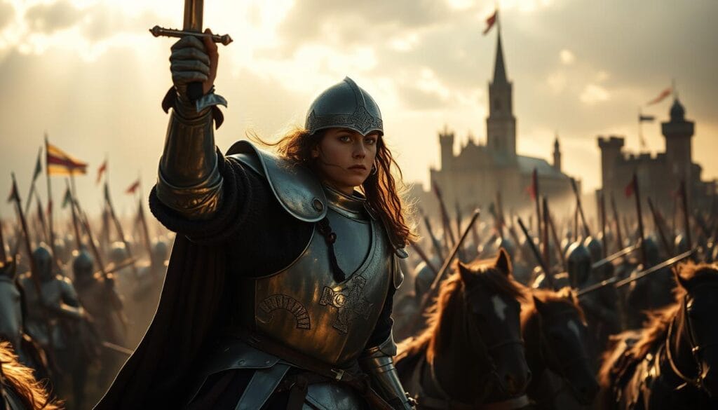 Prompt A medieval battlefield, sunlight cutting through the smoky haze. In the foreground, Jeanne d'Arc, the Maid of Orléans, clad in shining armor, her sword raised high, leading a charge of French knights against the English forces. Her determined expression and heroic pose evoke an aura of leadership and military genius. In the middle ground, the clash of steel, the chaos of war, as the two armies collide. In the background, the silhouettes of cathedrals and fortified castles, a testament to the strategic importance of this pivotal moment in French history. Dramatic lighting, cinematic angles, and a sense of scale and grandeur capture the epic nature of Jeanne d'Arc's military ascent. Prompt A medieval battlefield, sunlight cutting through the smoky haze. In the foreground, Jeanne d'Arc, the Maid of Orléans, clad in shining armor, her sword raised high, leading a charge of French knights against the English forces. Her determined expression and heroic pose evoke an aura of leadership and military genius. In the middle ground, the clash of steel, the chaos of war, as the two armies collide. In the background, the silhouettes of cathedrals and fortified castles, a testament to the strategic importance of this pivotal moment in French history. Dramatic lighting, cinematic angles, and a sense of scale and grandeur capture the epic nature of Jeanne d'Arc's military ascent.