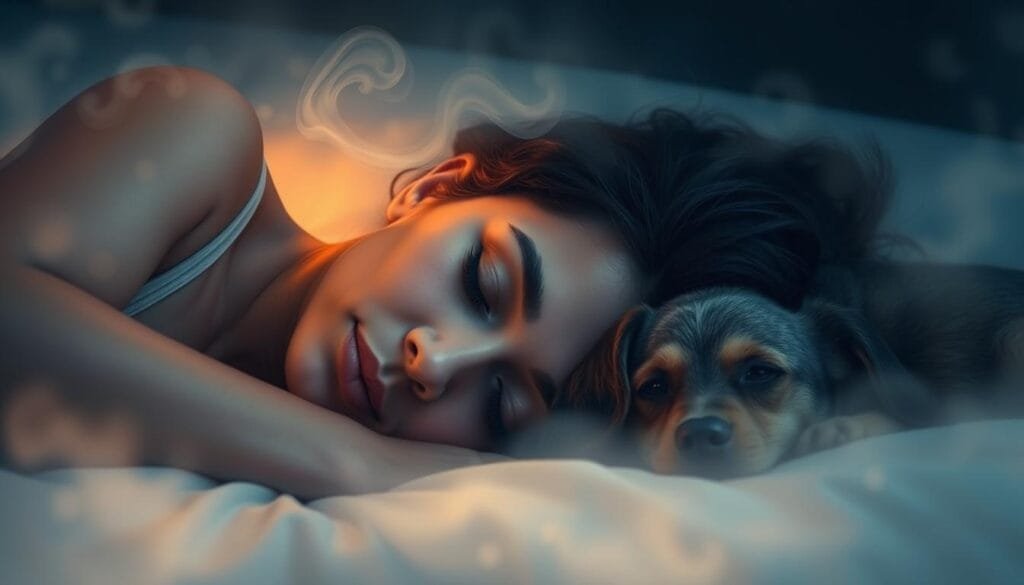 Prompt A serene, dreamlike scene of a person sleeping peacefully, with their pet resting by their side. The person's face is softly illuminated by a warm, diffused light, conveying a sense of tranquility. In the background, swirling mist and abstract shapes create a mystical, subconscious atmosphere, hinting at the interpretations and emotions associated with dreams involving pets. The composition is balanced, with the person and their pet occupying the foreground, while the dreamlike elements fill the middle and background. The overall mood is introspective, allowing the viewer to reflect on the deeper significance of the bond between the person and their pet, and the insights that may emerge through their shared dreams. Prompt A serene, dreamlike scene of a person sleeping peacefully, with their pet resting by their side. The person's face is softly illuminated by a warm, diffused light, conveying a sense of tranquility. In the background, swirling mist and abstract shapes create a mystical, subconscious atmosphere, hinting at the interpretations and emotions associated with dreams involving pets. The composition is balanced, with the person and their pet occupying the foreground, while the dreamlike elements fill the middle and background. The overall mood is introspective, allowing the viewer to reflect on the deeper significance of the bond between the person and their pet, and the insights that may emerge through their shared dreams.