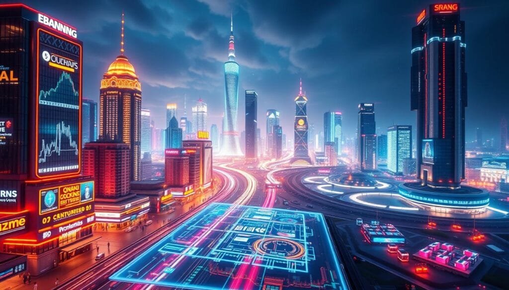 Radiant cityscape of emerging financial technologies, with gleaming towers of blockchain, cryptocurrency exchanges, and fintech hubs. Vibrant neon-lit streets teeming with digital transactions, AI-powered financial advisors, and augmented reality banking interfaces. In the foreground, a holographic display showcases the future of decentralized finance, while in the background, a dreamlike landscape of quantum computers and quantum-resistant cryptography. Diffused lighting creates an atmospheric, futuristic ambiance, capturing the dynamic, ever-evolving nature of the financial innovation landscape.