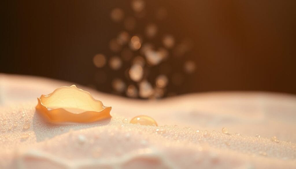 Skin renewal process: a dynamic sequence of exfoliation, rejuvenation, and regeneration. In the foreground, delicate layers of epidermis peel away, revealing a supple, youthful dermis beneath. Soft, diffused lighting casts a warm glow, highlighting the intricate, overlapping textures. In the middle ground, a mesmerizing dance of skin cells proliferate, replacing old with new. The background blurs into an ethereal, dreamlike realm, suggesting the cyclical, ever-evolving nature of this natural phenomenon. Captured with a shallow depth of field, the scene conveys a sense of intimate observation, inviting the viewer to ponder the remarkable resilience and adaptability of the human form.