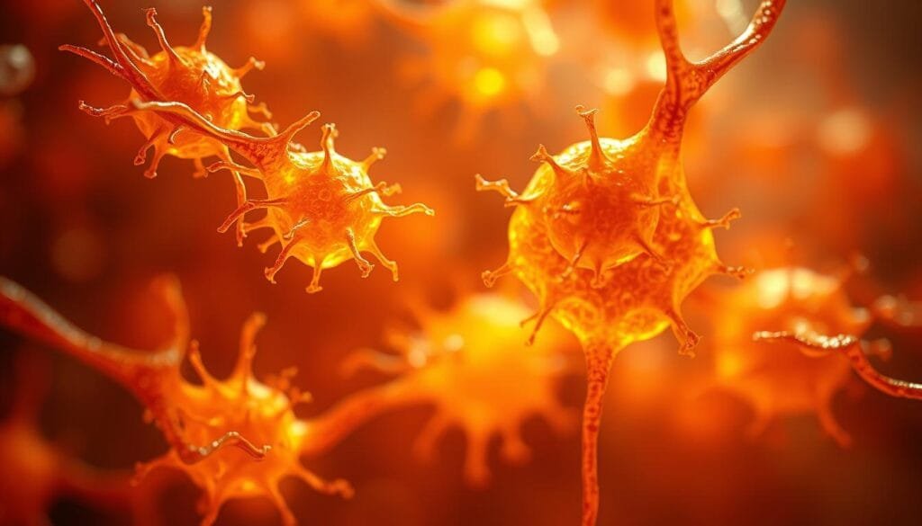 Stem cells regeneration: a close-up view of glowing, pulsating human stem cells under a microscope lens, bathed in a warm, ethereal light. The cells appear vibrant and alive, their intricate structures and intricate interconnections clearly visible. The background is hazy and out of focus, creating a sense of depth and emphasizing the detailed, almost otherworldly nature of the cells. The overall mood is one of scientific wonder and the promise of medical breakthroughs, capturing the incredible potential of these fundamental building blocks of life.