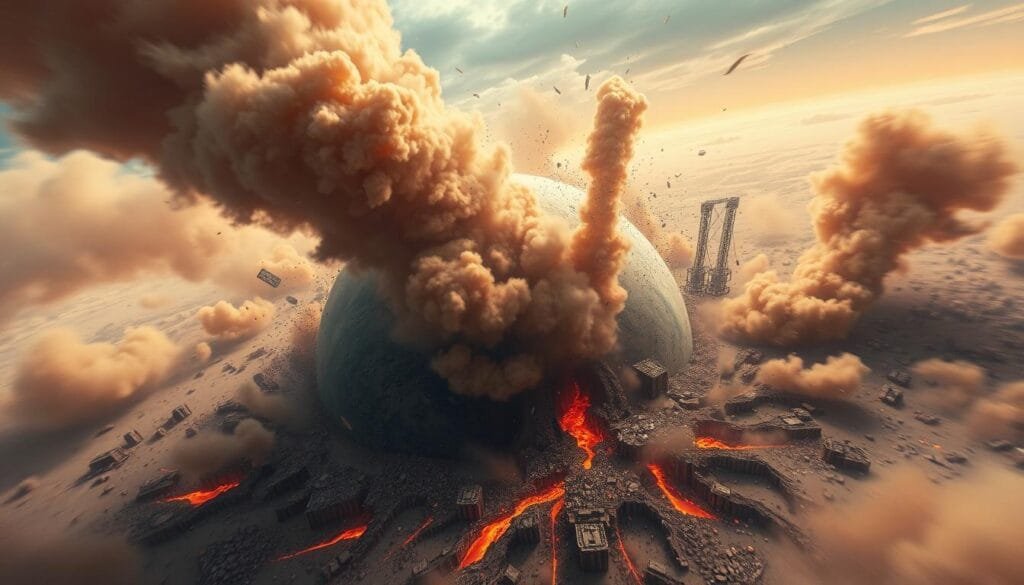 Swirling centrifugal forces rip through the Earth's surface, sending debris and structures careening into the air. Towering columns of dust and rubble billow across the horizon, obscuring the sky in an apocalyptic haze. Jagged fractures split the ground, exposing the planet's molten core beneath. Intense winds howl as the relentless spin grinds to a halt, unleashing catastrophic destruction. Vivid oranges and reds clash against the gloomy grays, conveying the sheer intensity of this cataclysmic event. Capture the chaos and raw power of a world ripped apart by the sudden cessation of its rotation.