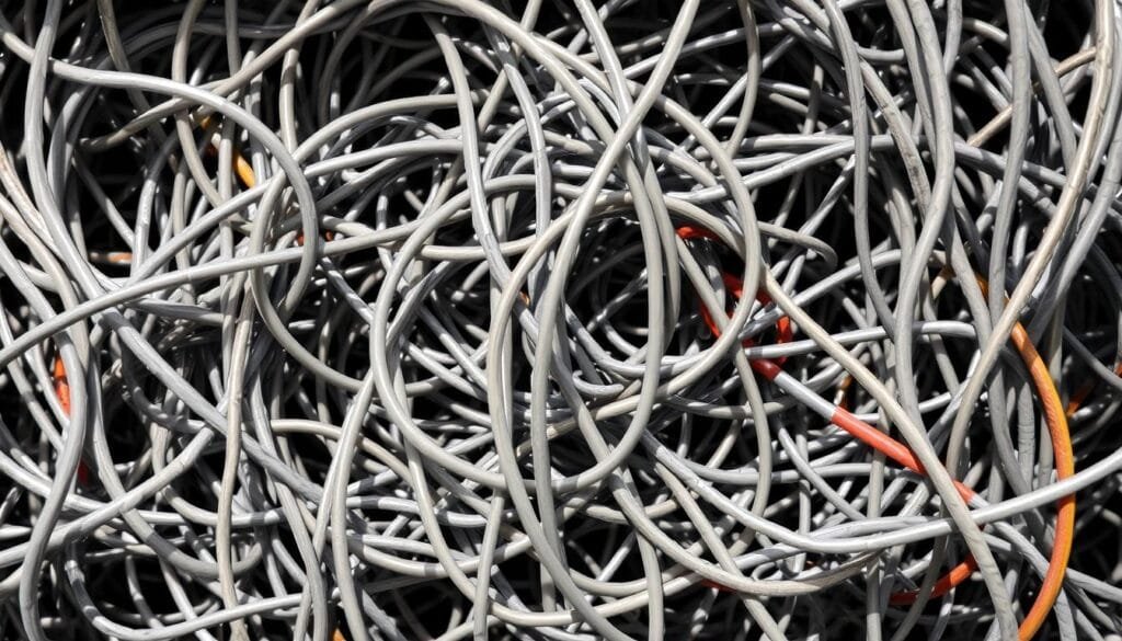 Tangled web of intertwined cables and wires, arranged in a complex, abstract geometric pattern. The tightly wound strands create a maze-like structure, with sharp angles and intersecting lines that draw the eye inward. Subtle variations in color, from muted greys to warm metallic tones, add depth and visual interest. Harsh overhead lighting casts dramatic shadows, emphasizing the 3D nature of the composition. The chaotic, yet structured, design evokes a sense of disorder and disarray, reflecting the frustrating experience of untangling earphone cords. A visually striking representation of the "Factors that Increase Knots in Earphones" concept.