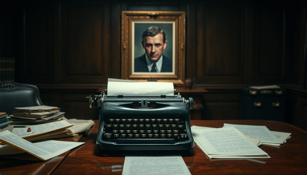 Trout memo ian fleming naval intelligence: A meticulously crafted image set in a dimly lit, wood-paneled office. In the foreground, a vintage typewriter rests atop a polished mahogany desk, the faint outlines of a handwritten memo visible. Surrounding it, scattered documents and files hint at the intricate web of espionage and strategy. In the middle ground, a framed portrait of Ian Fleming gazes thoughtfully, his piercing eyes conveying the weight of his role in naval intelligence. The background is shrouded in shadows, suggesting the secrecy and complexity of the wartime operations that inspired this scene. The overall mood is one of intrigue, history, and the quiet power of information that can turn the tide of war. Trout memo ian fleming naval intelligence: A meticulously crafted image set in a dimly lit, wood-paneled office. In the foreground, a vintage typewriter rests atop a polished mahogany desk, the faint outlines of a handwritten memo visible. Surrounding it, scattered documents and files hint at the intricate web of espionage and strategy. In the middle ground, a framed portrait of Ian Fleming gazes thoughtfully, his piercing eyes conveying the weight of his role in naval intelligence. The background is shrouded in shadows, suggesting the secrecy and complexity of the wartime operations that inspired this scene. The overall mood is one of intrigue, history, and the quiet power of information that can turn the tide of war.