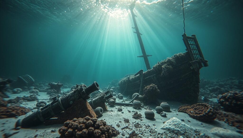 Underwater archaeological remains, sunken ships and artifacts scattered across the seabed. A breathtaking scene of a submerged shipwreck, its wooden hull partially buried in the sand, covered in marine growth. Coral-encrusted cannons, shattered pottery, and other historical treasures lie among the ruins. Beams of sunlight pierce the crystalline waters, creating a serene, otherworldly atmosphere. A muted color palette of blues, greens, and soft grays, with hints of bronze and copper. Dramatic low-angle shot, capturing the towering wreckage and the sense of mystery and exploration. Cinematic, moody, and evocative of a bygone era.