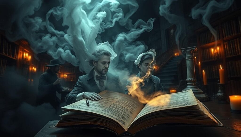 Vast, swirling clouds of smoke and mist envelop a dimly lit, ancient library. Antique tomes and scrolls float in the ethereal atmosphere, hinting at the historical evolution of unexplained phenomena. Flickering candles cast an otherworldly glow, illuminating shadowy figures engaged in deep contemplation. In the foreground, an ornate, gilded tome lies open, its pages emanating a subtle, mystical radiance. The composition conveys a sense of mystery, exploration, and the enduring human fascination with the unknown.