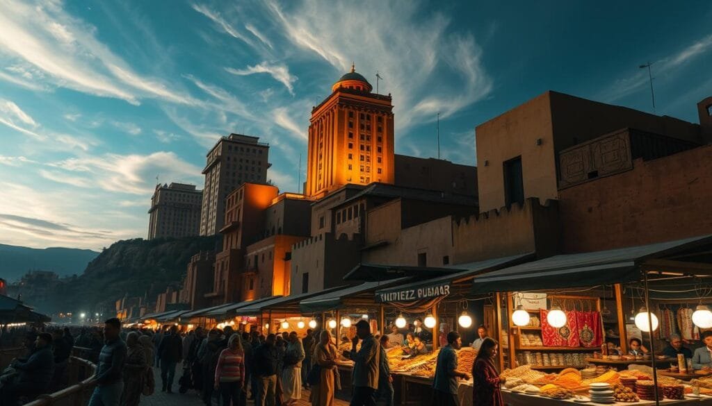 Vibrant cultural adaptations in a land of perpetual daylight. A bustling marketplace at midnight, bathed in warm, golden hues. Vendors peddle their wares, from handcrafted textiles to fragrant spices, as locals and visitors mingle, their faces aglow. In the background, towering, modern buildings blend seamlessly with ancient adobe structures, showcasing the harmonious coexistence of old and new. Overhead, a vast, azure sky with wispy clouds creates a serene, dreamlike atmosphere, hinting at the unique challenges and opportunities of this endless summer world.