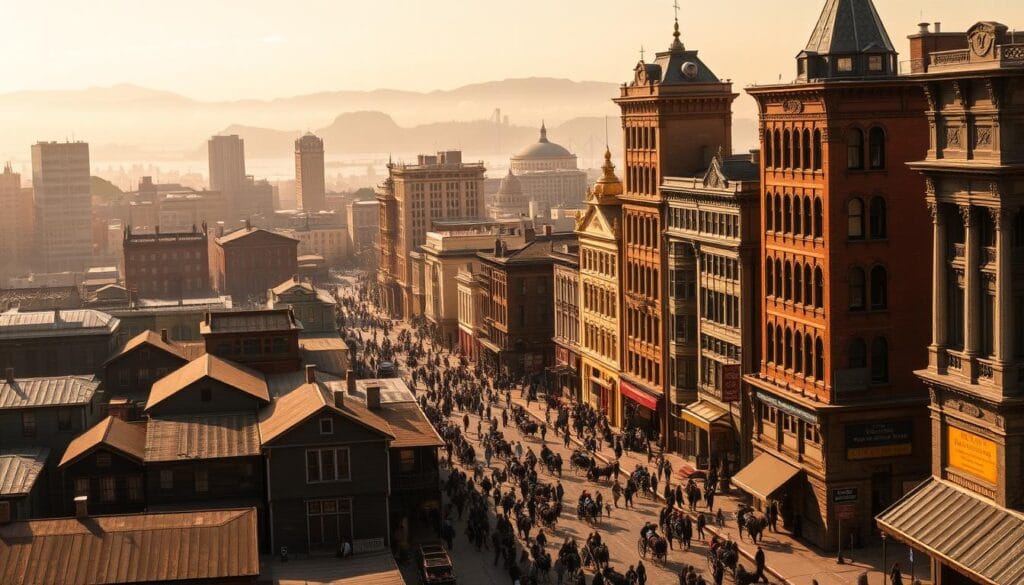 Vibrant urban landscape of San Francisco during the Gold Rush era, with towering Victorian-style buildings, crowded streets bustling with horse-drawn carriages and pedestrians, and a hazy, golden light casting a warm glow over the rapidly expanding city. In the foreground, a mix of wooden shanties and newly constructed brick structures reflect the influx of prospectors and the frenzied pace of development. The middle ground features a bustling commercial district, with ornate storefronts and signs advertising various goods and services. In the background, the iconic rolling hills and the silhouette of the bay create a picturesque backdrop, hinting at the city's natural beauty amidst the frenetic urban growth.