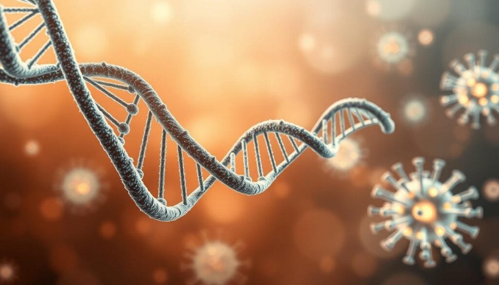 Viral genetic transfer: a dynamic process of molecular evolution. In the foreground, a detailed illustration of DNA strands intertwining, representing the exchange of genetic material between viruses and host cells. Mid-ground features glowing viral particles, their intricate structures suggesting the complexity of these enigmatic entities. The background bathes in a warm, ethereal glow, conveying the sense of a fundamental, cosmic process at work. Soft, diffused lighting casts subtle shadows, imbuing the scene with a sense of depth and three-dimensionality. The overall composition evokes the role of viruses as both disruptive and generative forces, shaping the evolution of life on a grand, universal scale.