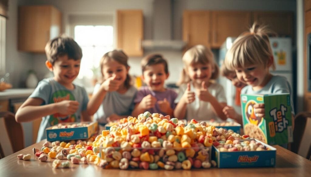 A cheerful kitchen scene with a table in the foreground covered in sugary breakfast cereal boxes, surrounded by energetic children reaching for handfuls of the colorful treats. Bright, warm lighting casts a soft glow, highlighting the playful, mischievous expressions on the kids' faces as they indulge in this tempting, yet potentially unhealthy morning meal. The background blurs softly, drawing the viewer's attention to the central focus of the sugary breakfast conundrum. Captured with a shallow depth of field and a slightly elevated camera angle to emphasize the allure and deceptive nature of this common breakfast staple.