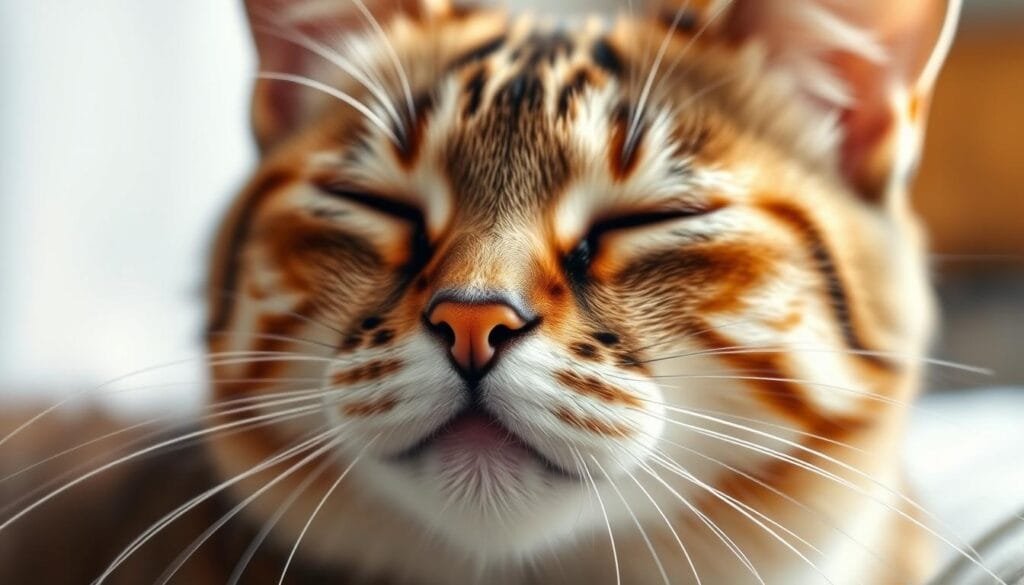 A close-up, high-resolution, photorealistic image of a cat's head, showcasing the origin and mechanics of its soothing purr. The cat's face is centered, with a warm, gentle expression and its eyes half-closed in a relaxed state. Soft, diffused lighting illuminates the scene, highlighting the intricate details of the cat's facial features, such as its whiskers, nose, and slightly parted mouth. The background is blurred, creating a sense of depth and focus on the cat's head. The image conveys a calming, therapeutic atmosphere, reflecting the secret healing power of the feline purr.
